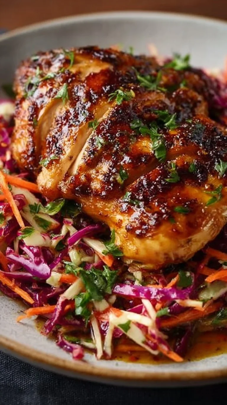 Sticky apple cider chicken served with a fresh autumn slaw on a wooden table.