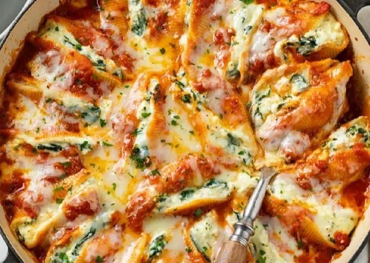Baked stuffed shells filled with cheese and marinara sauce on a plate
