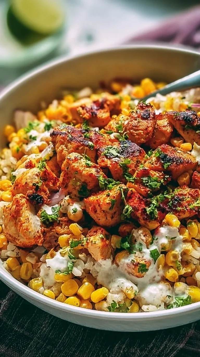 Delicious street corn chicken bowl topped with fresh ingredients and spices