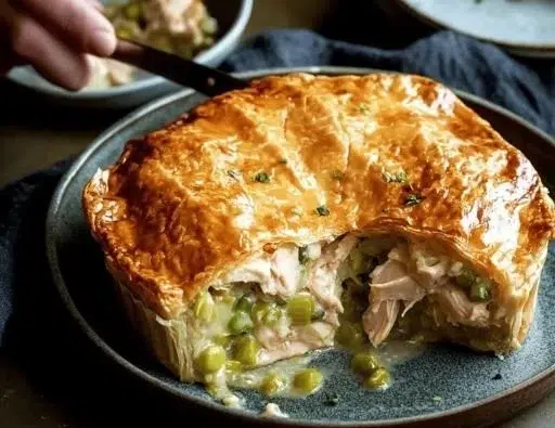 Tom Kerridge's Roast Chicken and Leek Pie recipe with golden crust