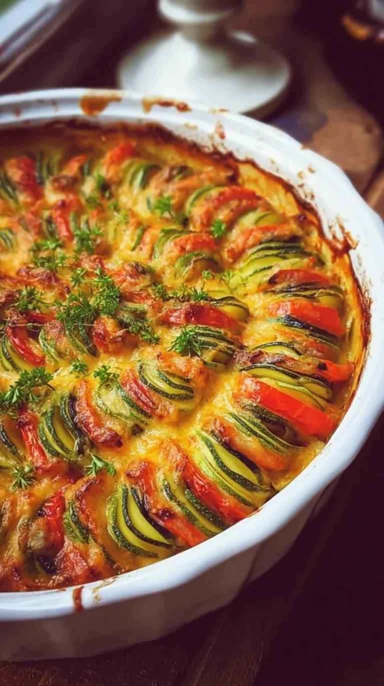 Colorful veggie casserole baked with fresh vegetables and herbs
