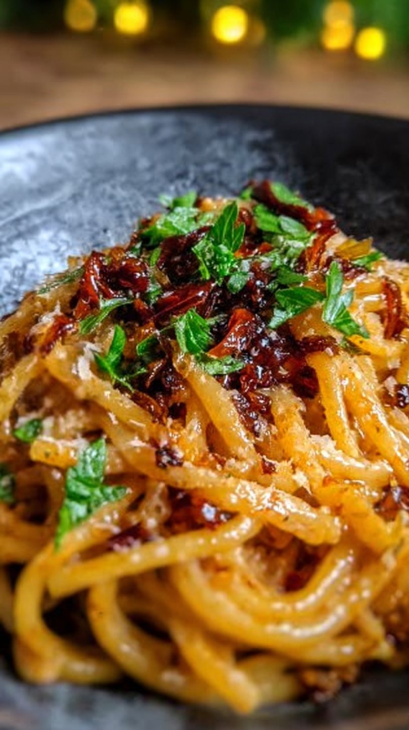 Caramelized Onion Pasta with Chilli Oil