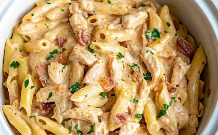 Crock Pot Creamy Cajun Chicken Pasta served on a plate with fresh herbs.