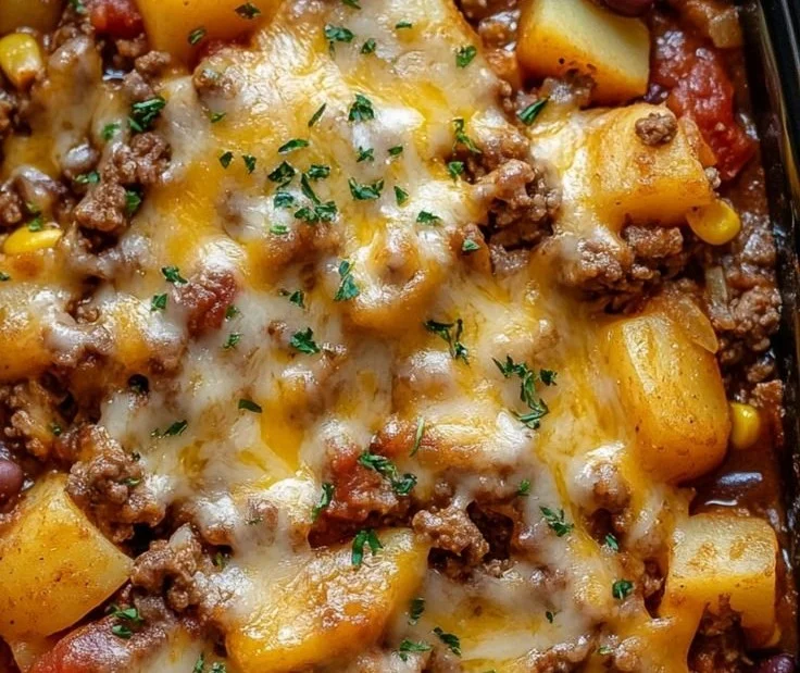 Delicious Slow Cooker Cowboy Casserole served in a bowl