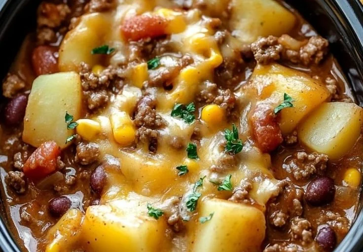 Delicious slow cooker cowboy casserole with meat, beans, and cheese