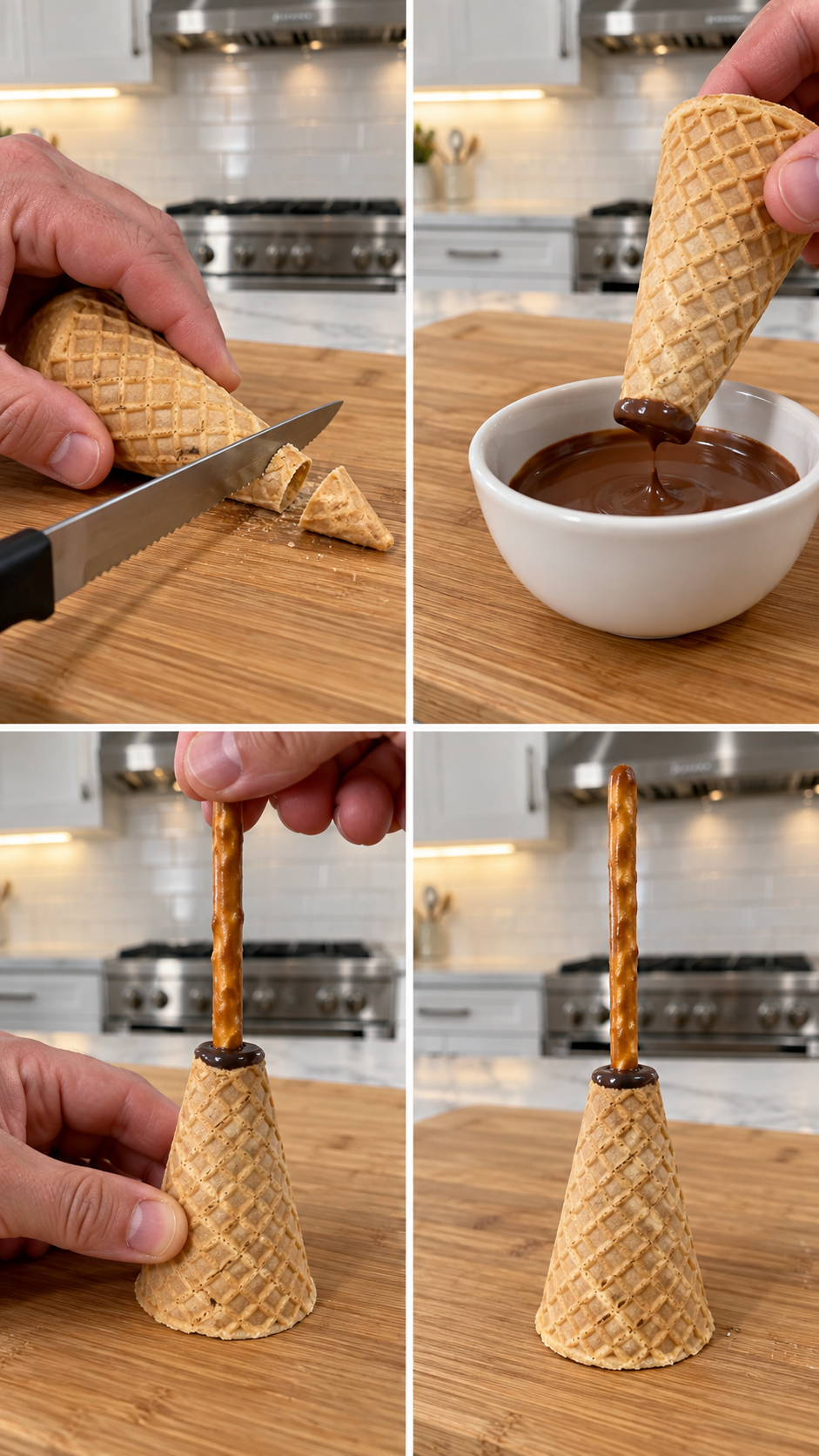 Trimming a waffle cone and inserting a pretzel handle