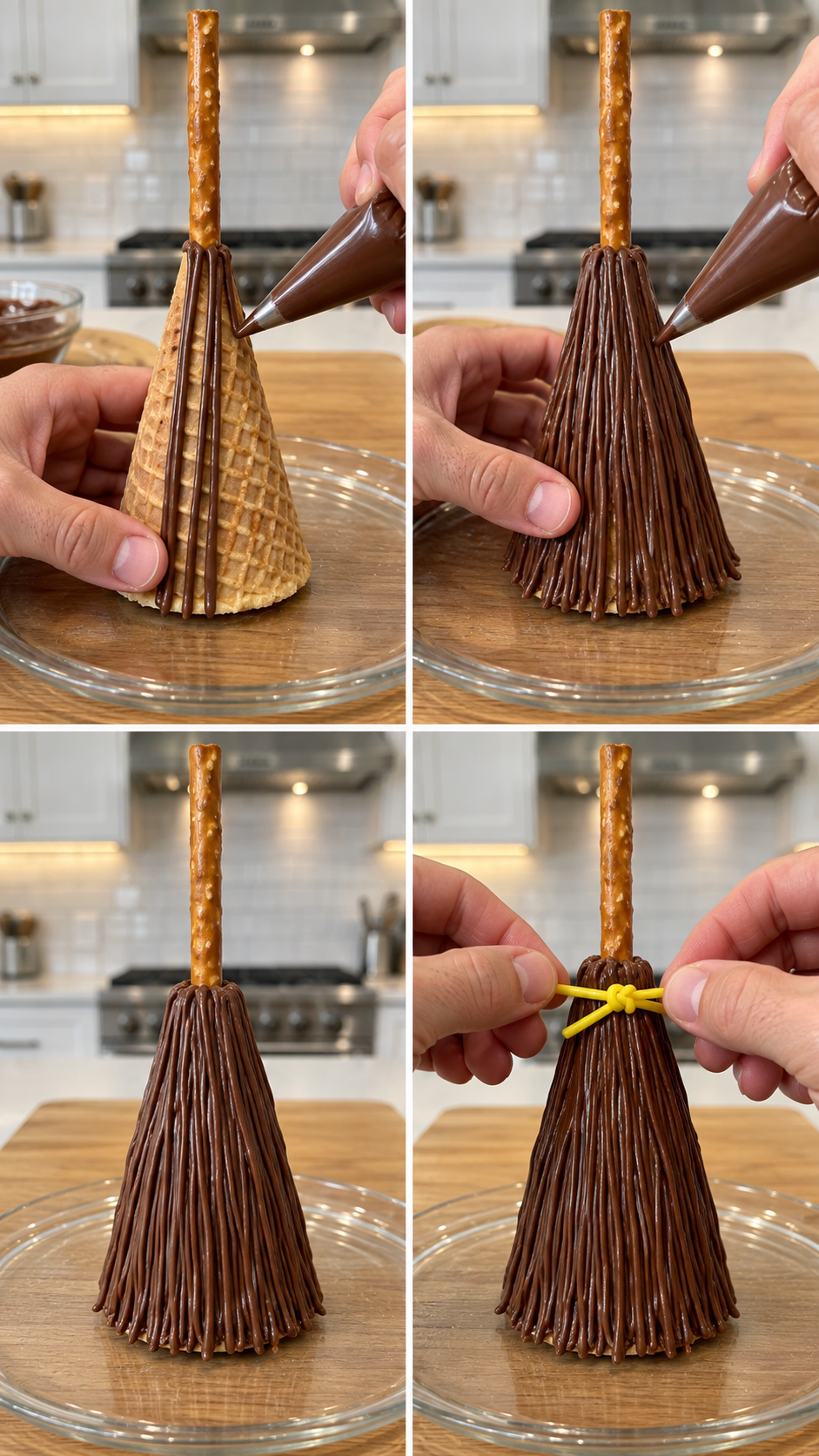 Piping chocolate bristles around a waffle-cone broomstick