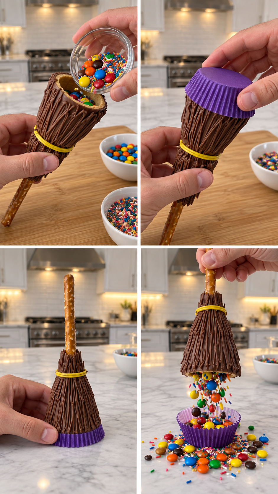 Chocolate surprise broomstick spilling colorful candy