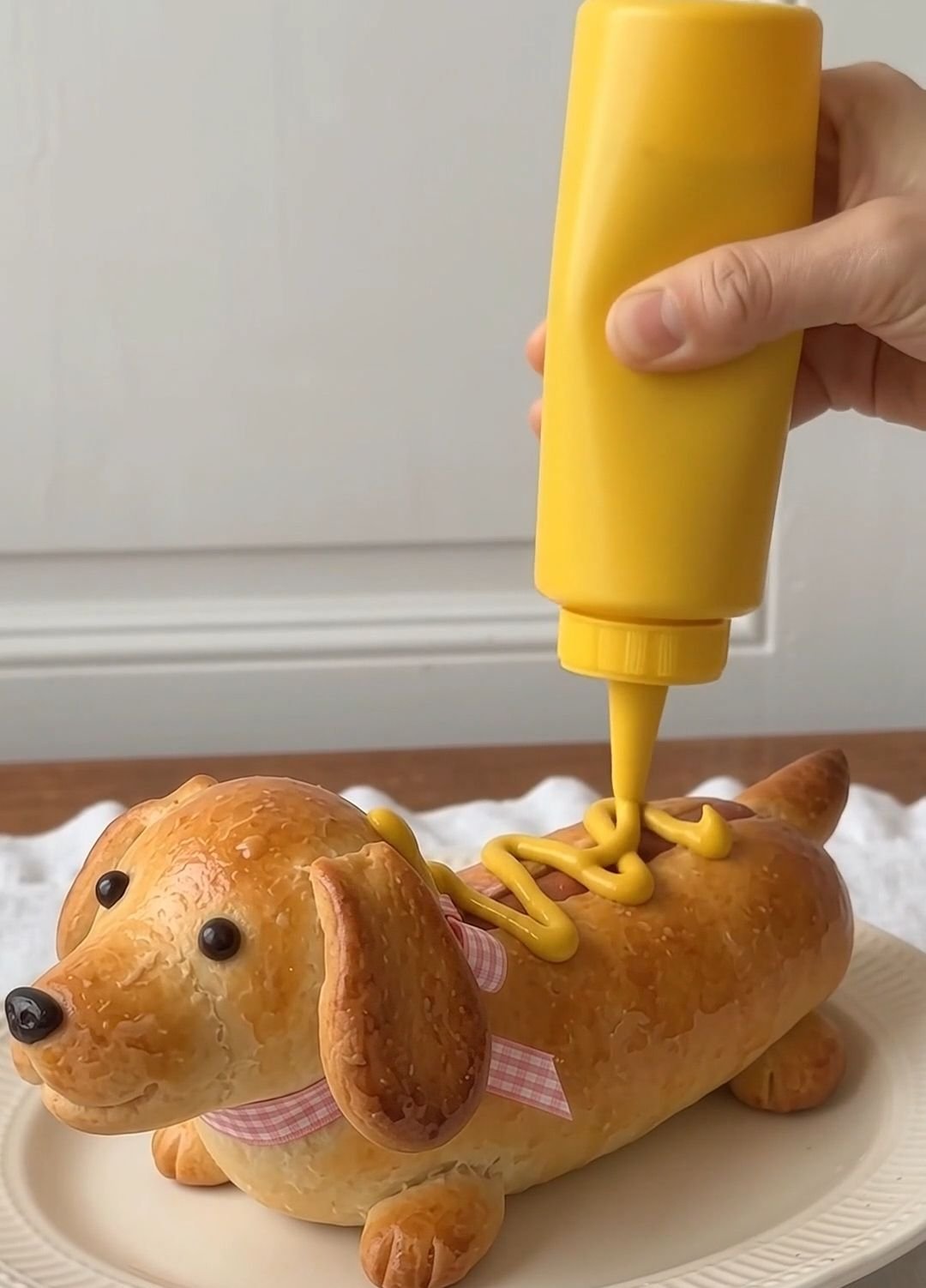 Finished dachshund-shaped hot dog roll topped with mustard
