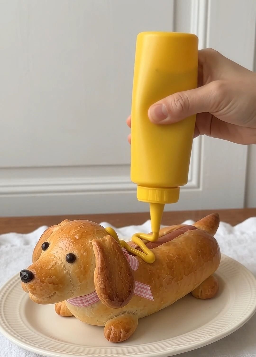 Golden dachshund hot dog roll finished with yellow mustard