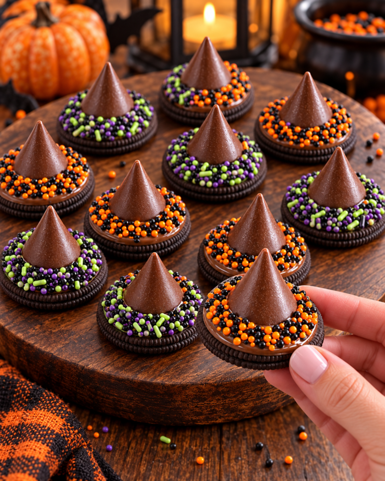 Chocolate Cookie Witch Hats with orange black purple and green sprinkles