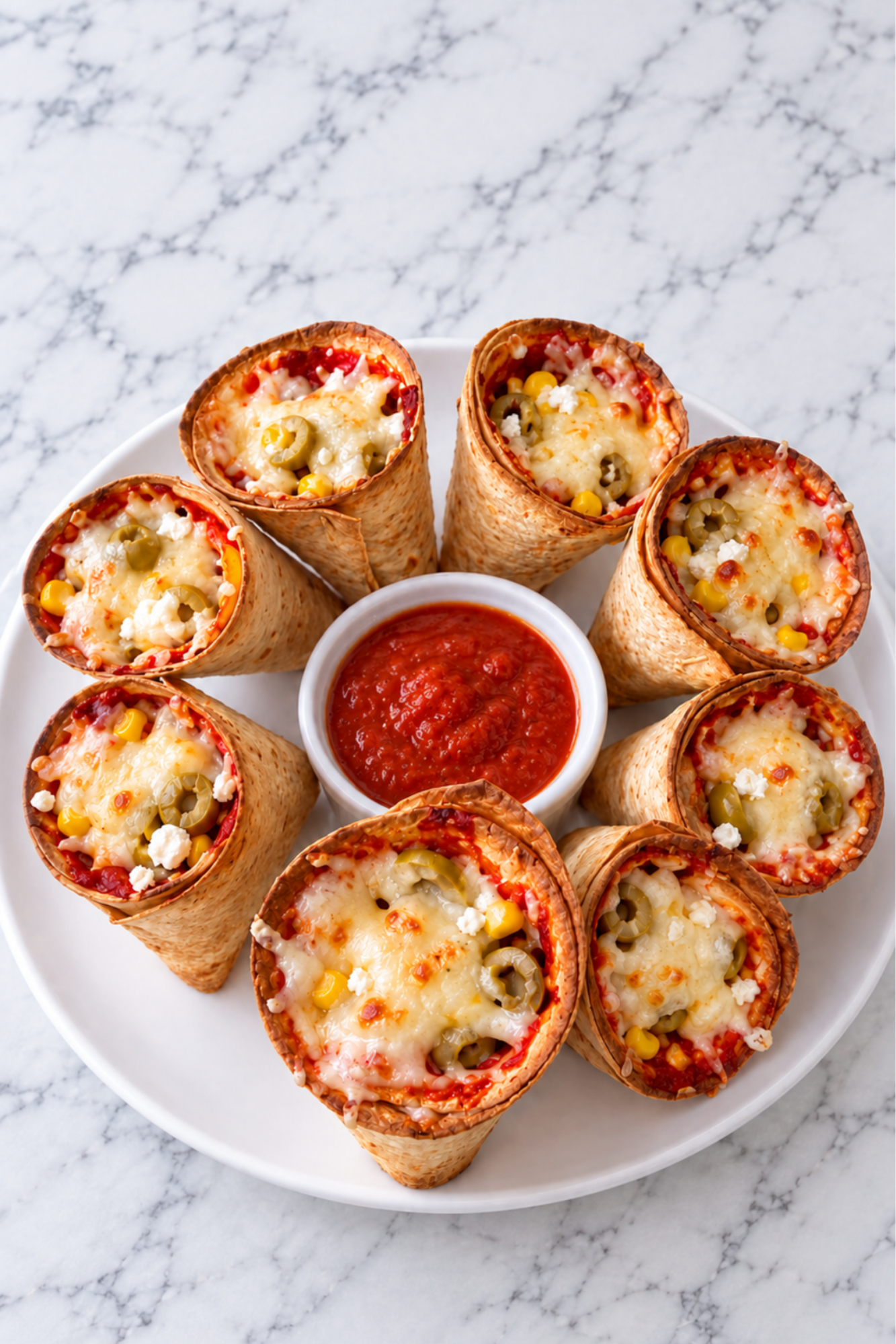 Crispy tortilla pizza cones filled with corn, green olives, feta, and melted cheese