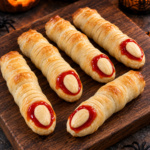 Halloween severed-finger stuffed hot dogs on a wooden serving board
