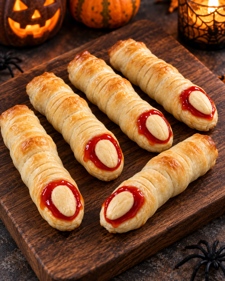 Halloween severed-finger stuffed hot dogs on a wooden serving board
