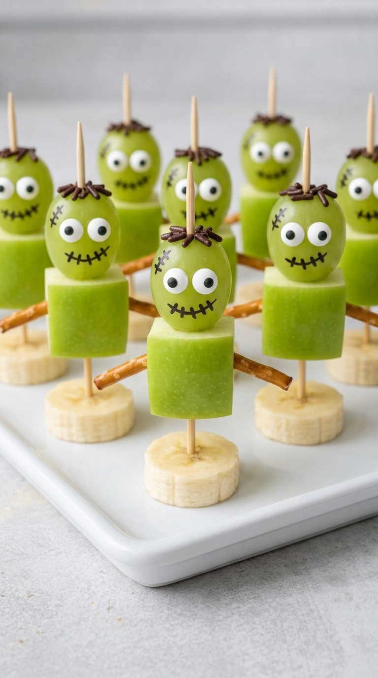 Frankenstein fruit snack squad with green grapes, apples, bananas, and pretzel sticks
