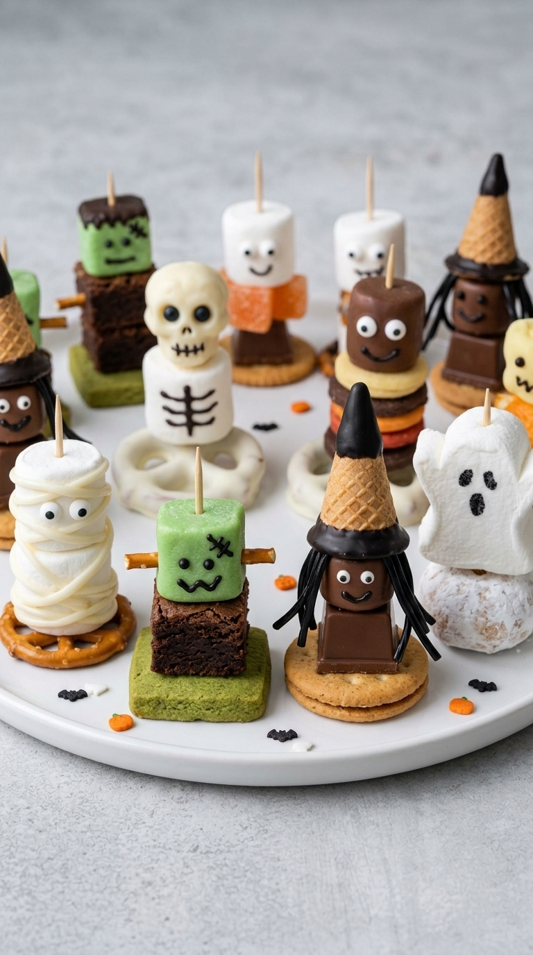 Spooky Halloween dessert character platter with marshmallow mummies, brownie Frankensteins, witches, skeletons, and ghosts