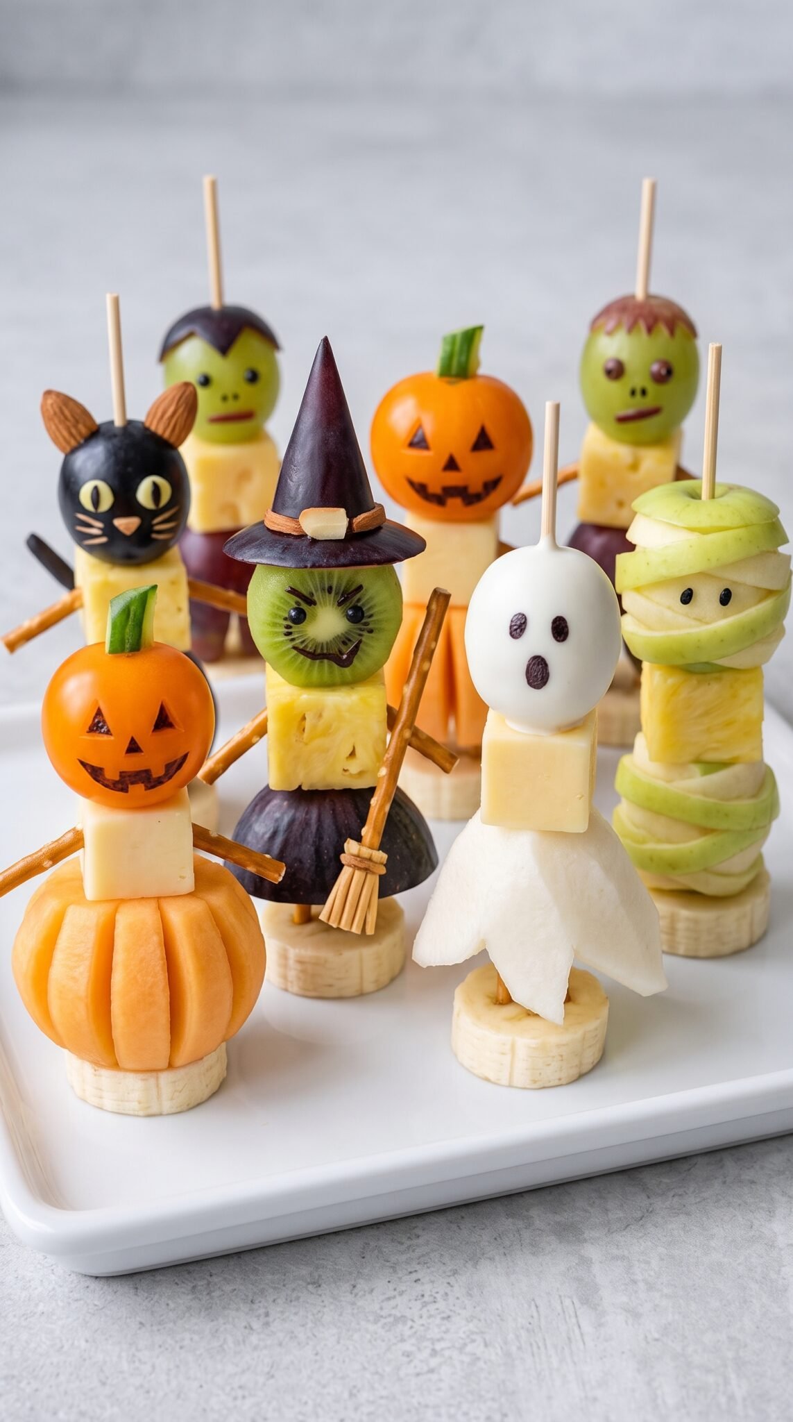 Halloween fruit snack characters including pumpkins, ghosts, witches, monsters and mummies