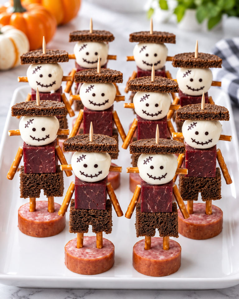 Halloween Scarecrow Snack Stacks with mozzarella dark bread halal meat pretzels and sausage