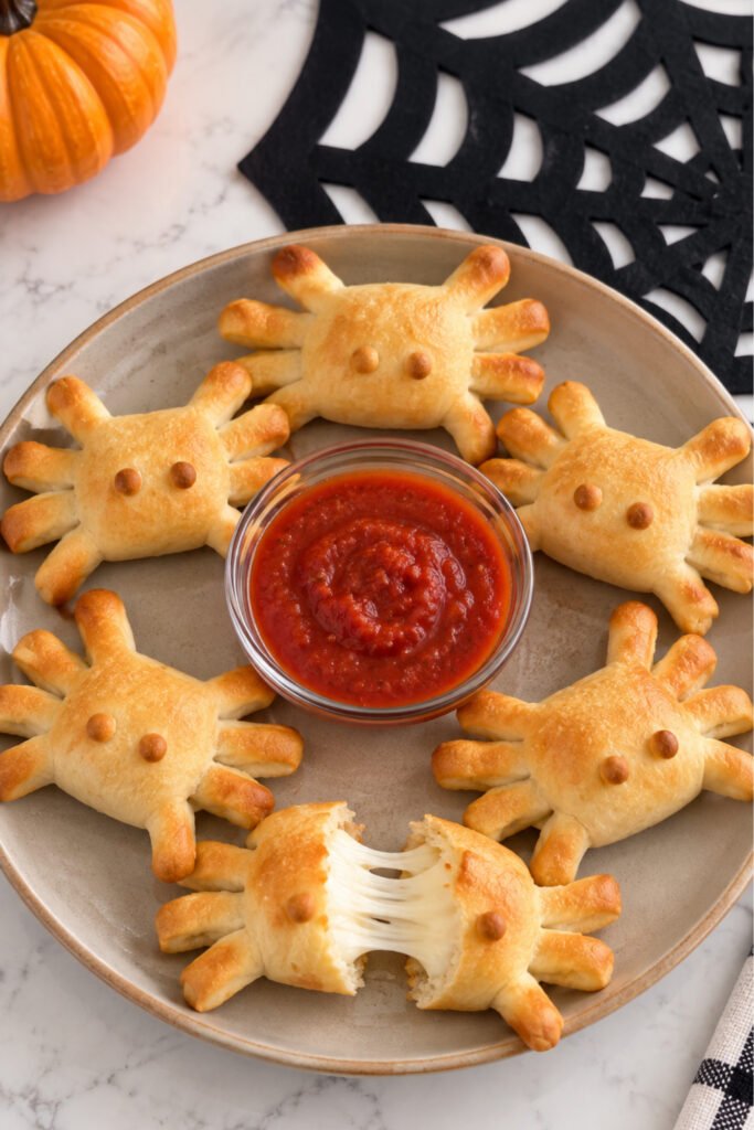 Golden Halloween spider mozzarella sticks served with marinara sauce
