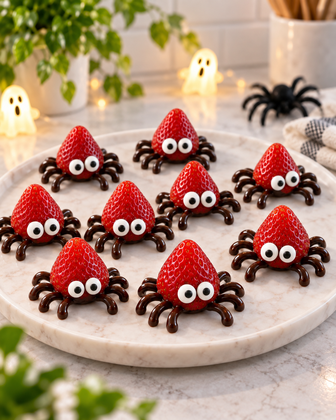Halloween strawberry spiders with candy eyes and eight chocolate legs on a serving plate