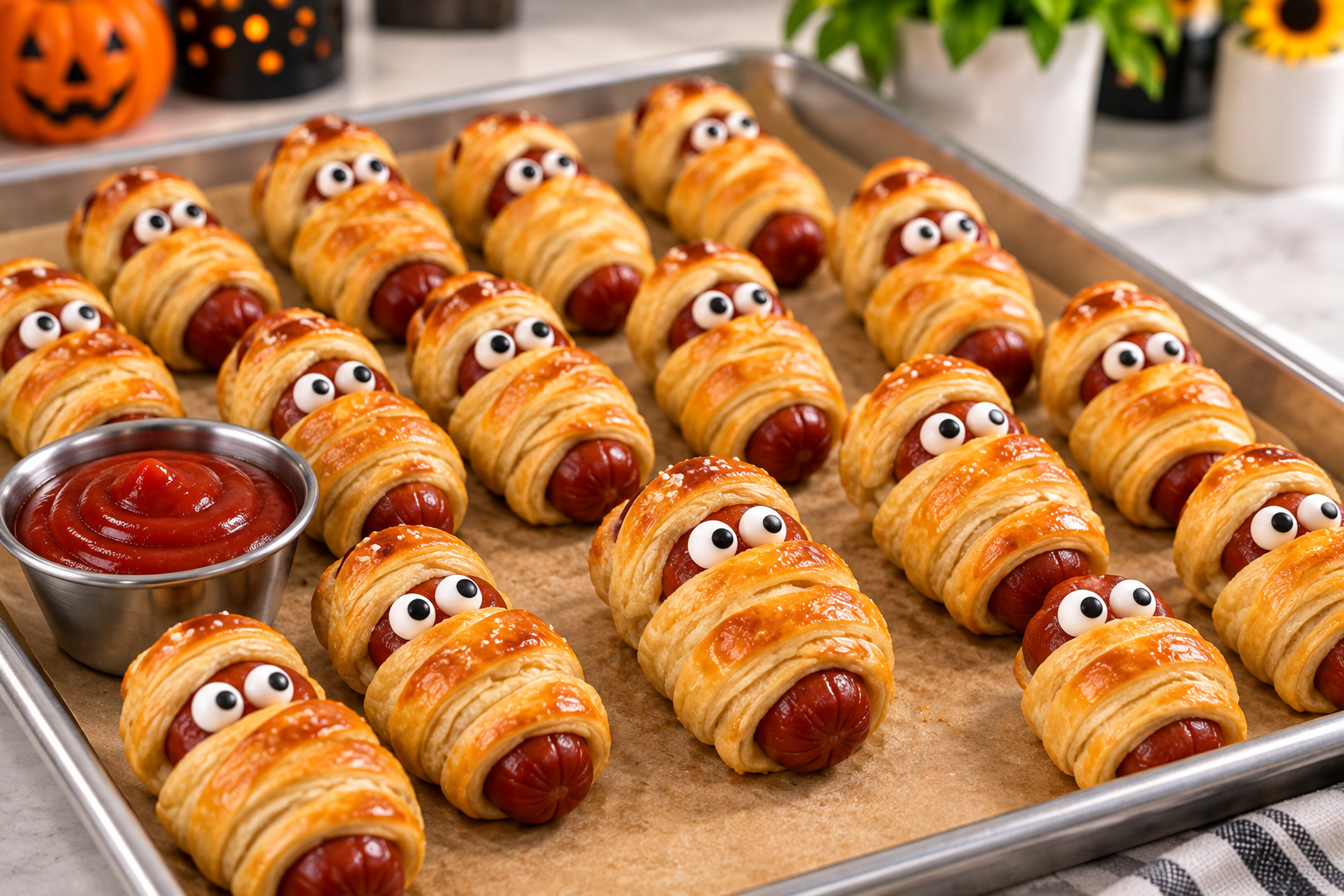 Finished Halloween mummy sausage rolls with candy eyes and ketchup
