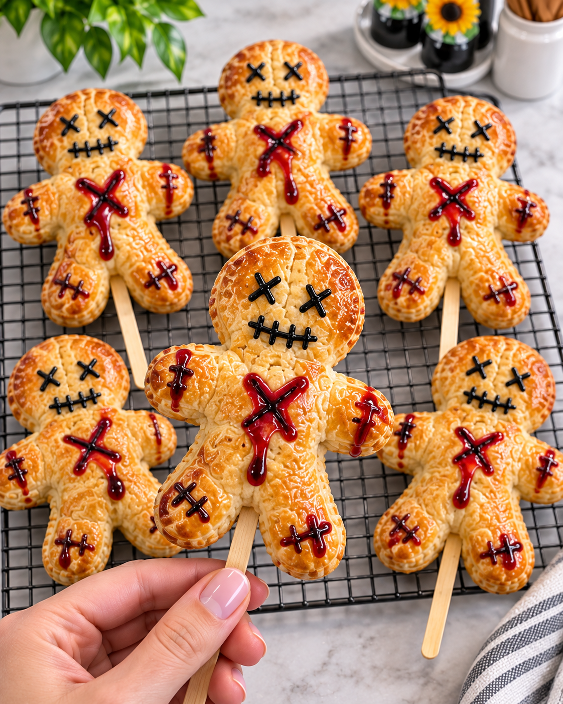 Puff Pastry Voodoo Dolls with red honey fake blood