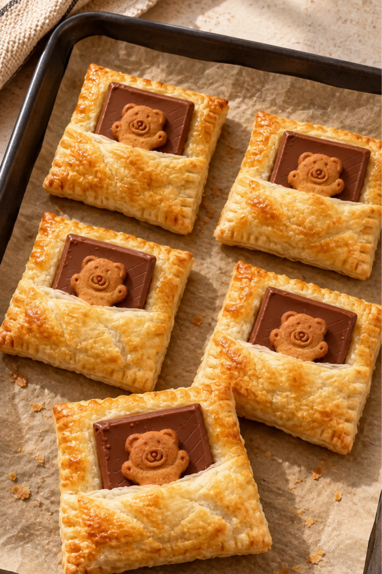 Sleepy teddy chocolate puff pastries baked golden with milk chocolate and bear-shaped cookies