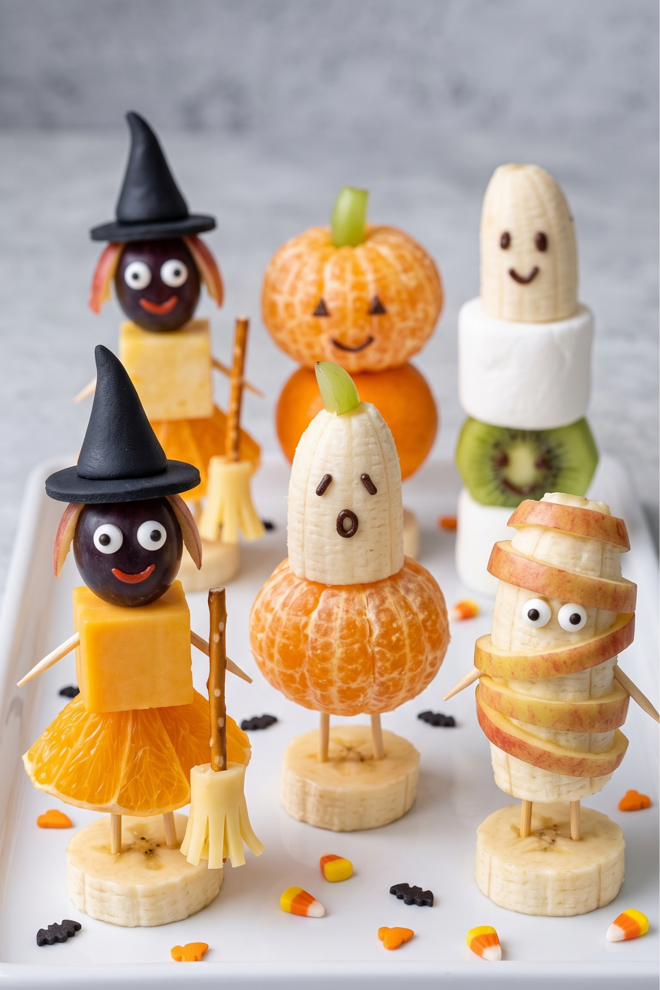 Spooky Halloween fruit and cheese snack characters on a tray