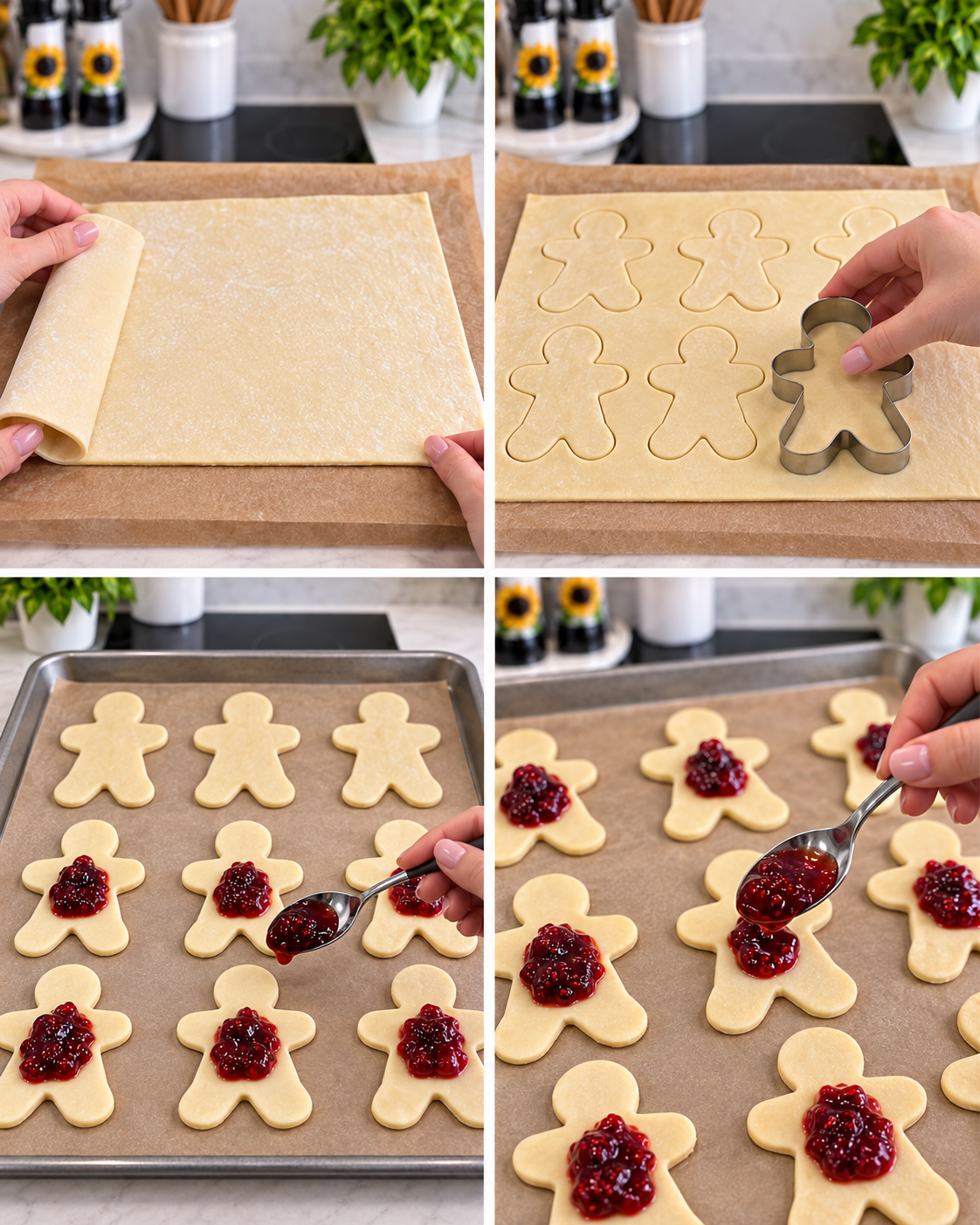 Cutting puff pastry doll shapes and filling them with berry preserves