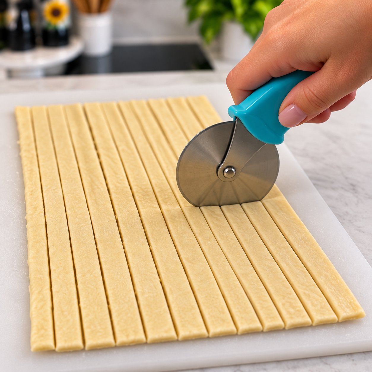 Cutting crescent-roll dough into thin strips with a pizza wheel