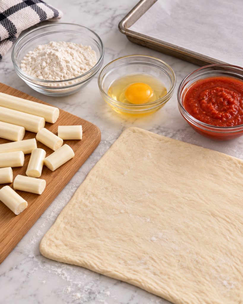 Pizza dough, mozzarella, egg and marinara prepared for spider mozzarella sticks
