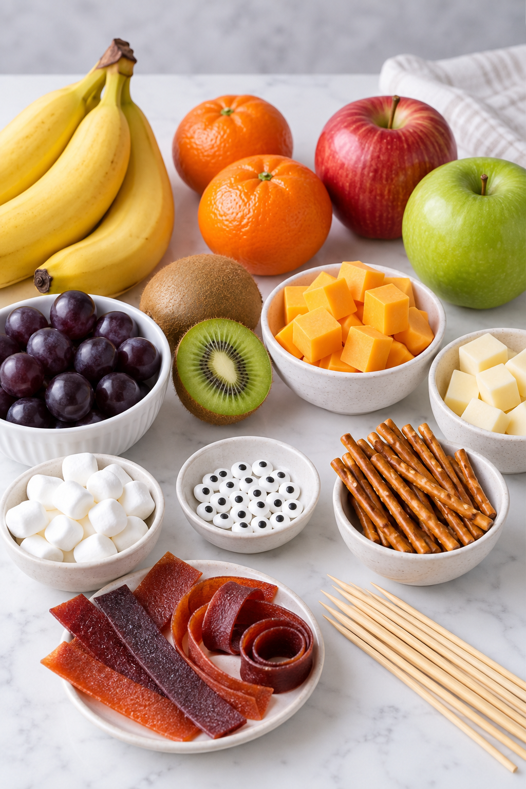 Fruit, cheese, candy eyes and pretzels prepared for Halloween snack characters