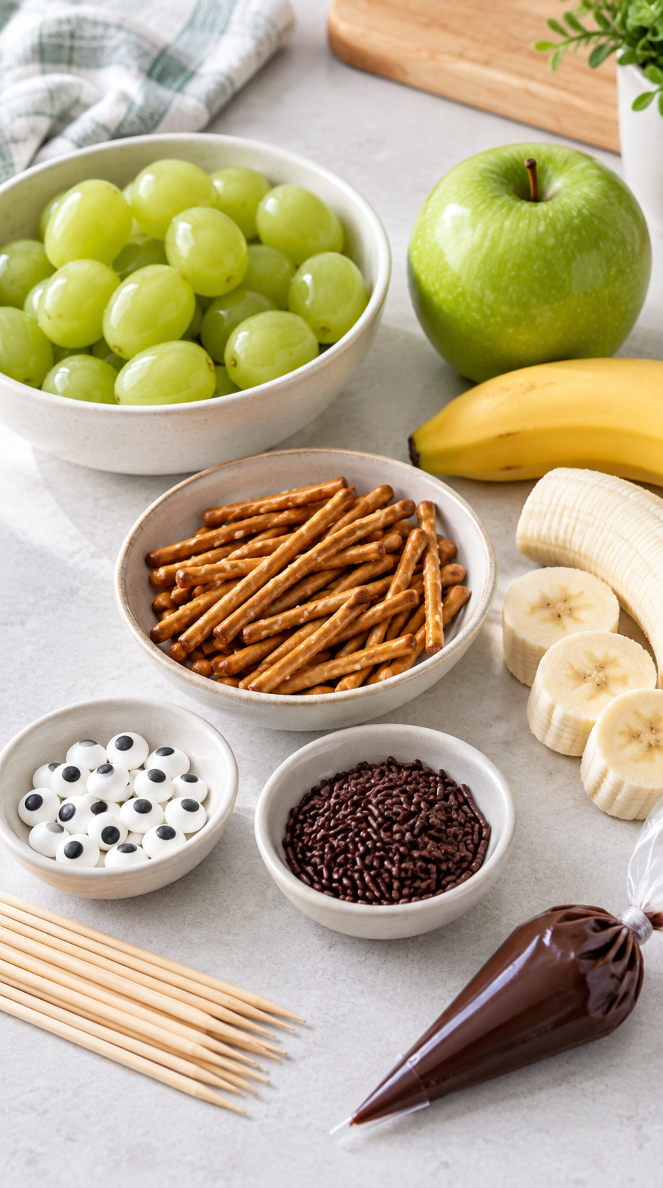 Ingredients for Frankenstein fruit snacks including grapes, apple, banana, pretzels, candy eyes, and chocolate
