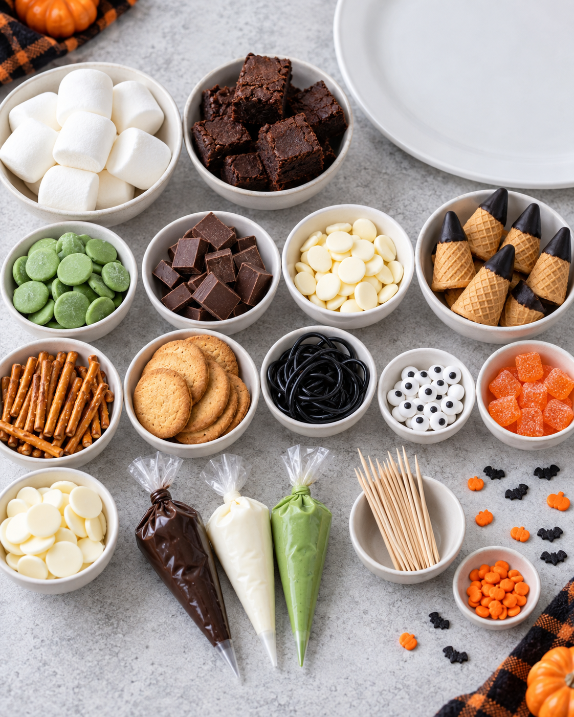 Ingredients for a Halloween dessert platter including marshmallows, brownies, chocolate, cookies, pretzels, candy eyes, and waffle cones