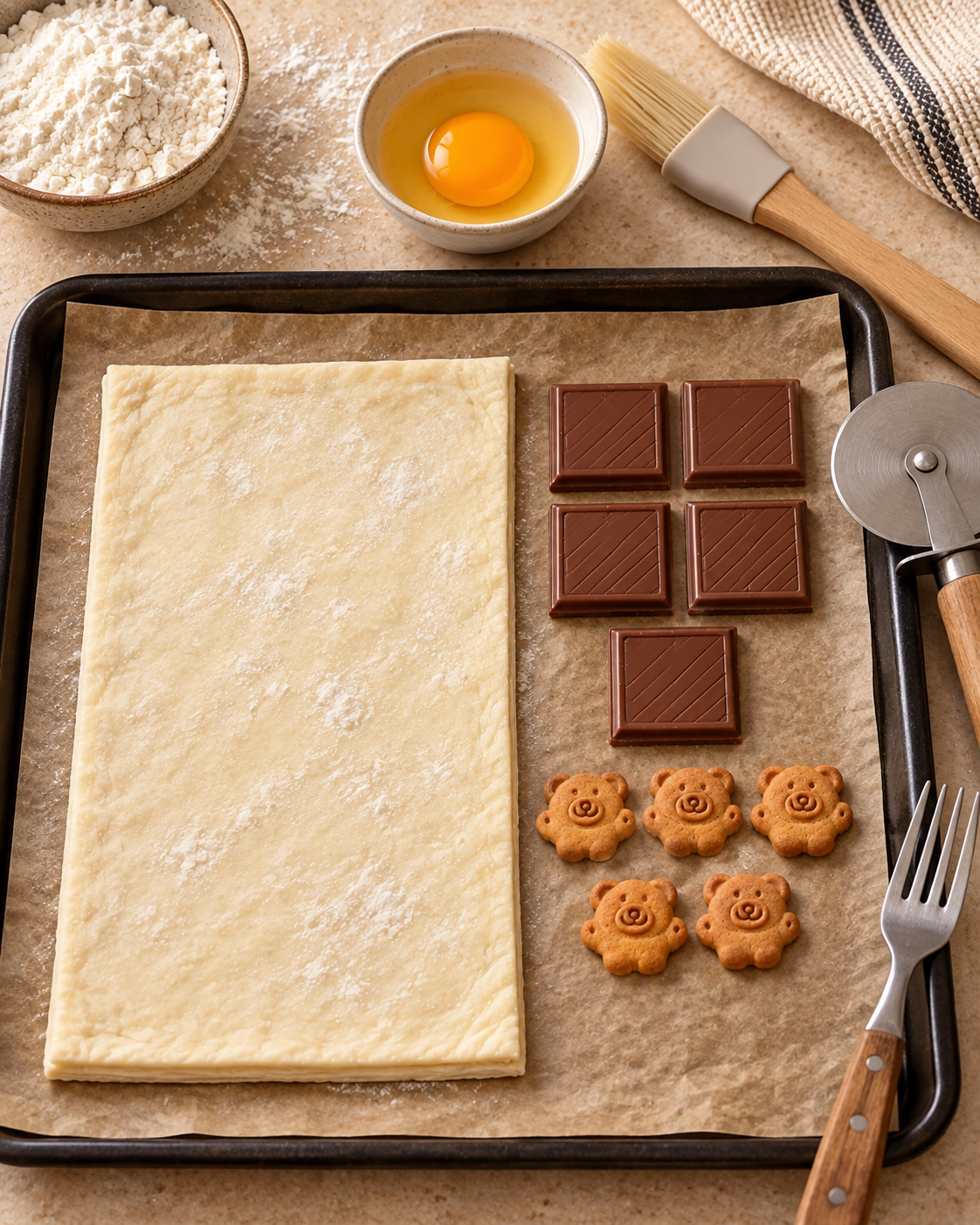 Ingredients for sleepy teddy chocolate puff pastries including puff pastry, milk chocolate, teddy cookies, egg wash, fork, and pastry brush
