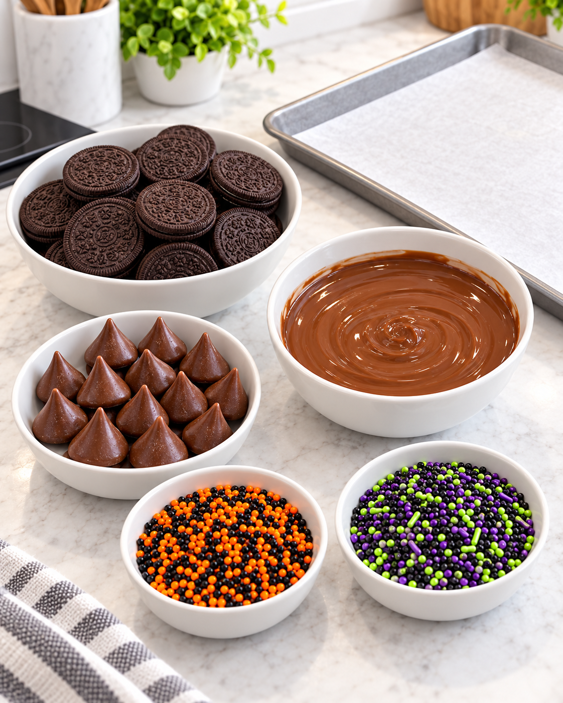 Ingredients for Chocolate Cookie Witch Hats arranged on a kitchen counter