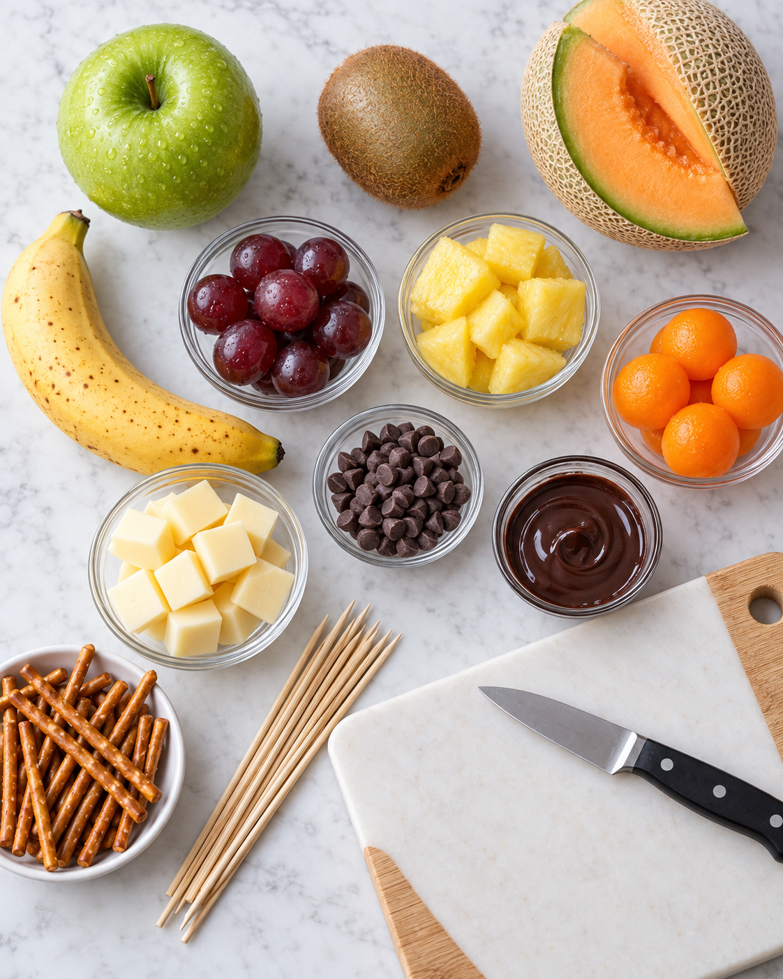 Fresh fruit, cheese, pretzels and chocolate arranged for Halloween fruit snacks