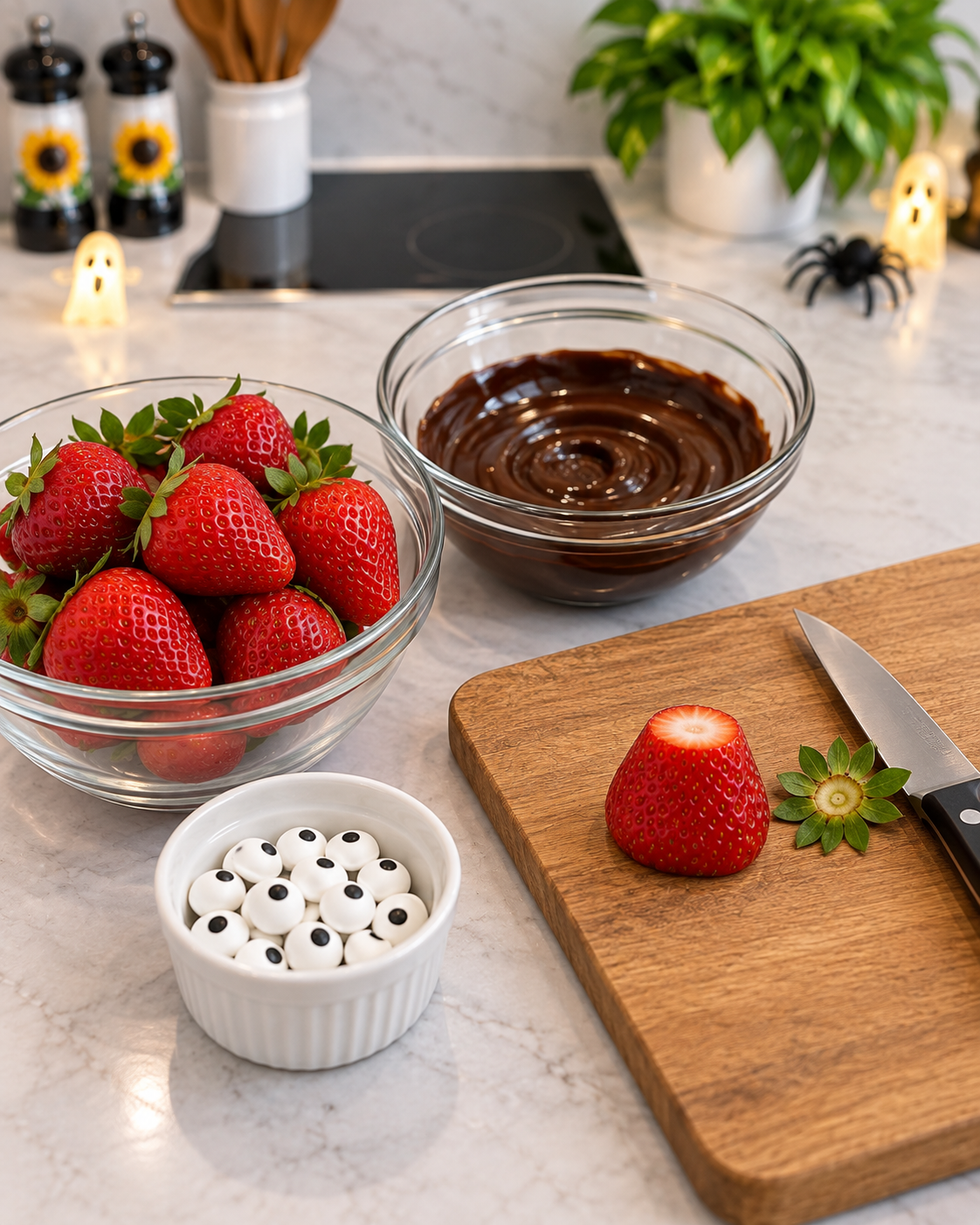 Fresh strawberries, melted chocolate and candy eyes prepared for Halloween strawberry spiders