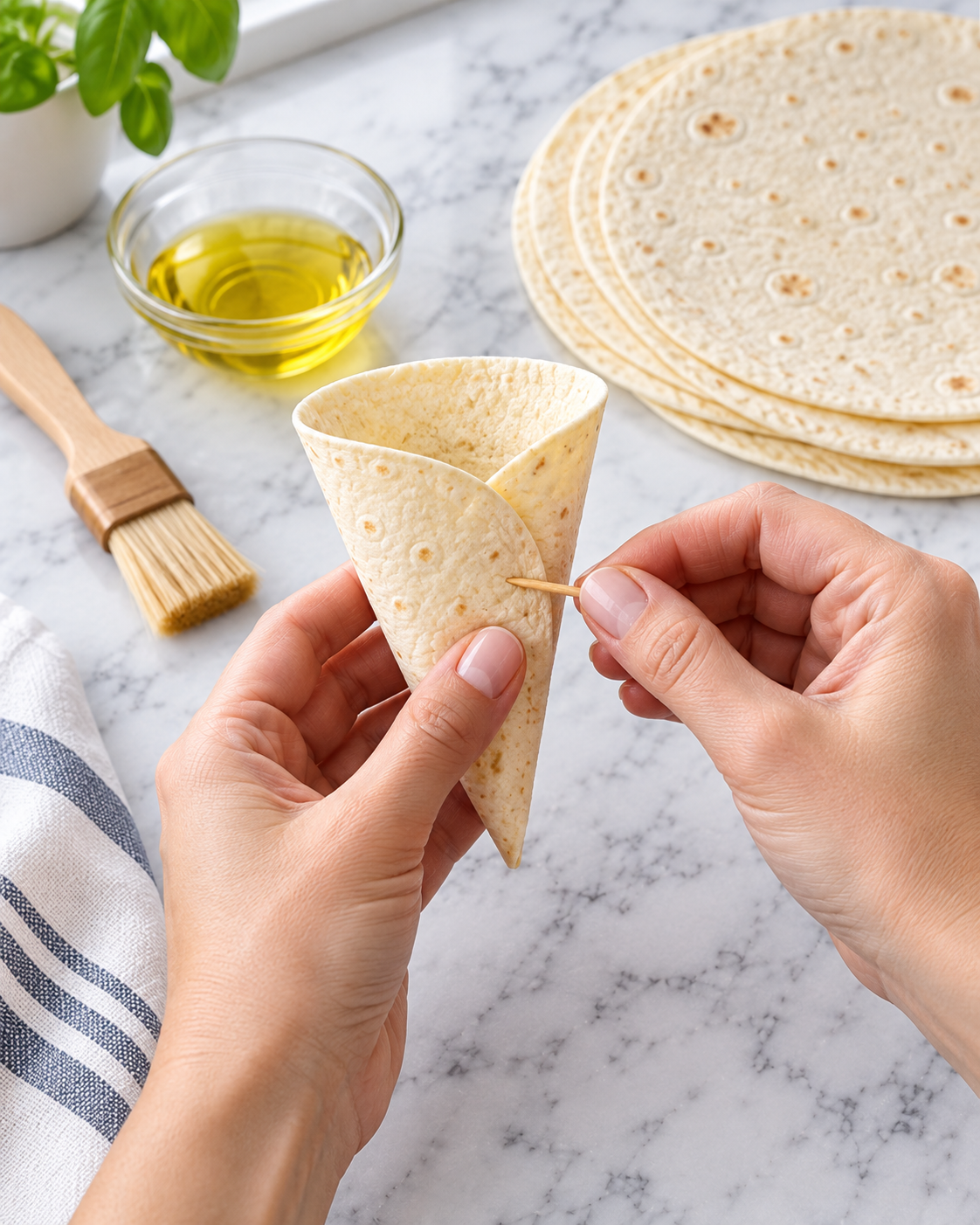 Flour tortilla being folded into a cone and secured with a wooden toothpick