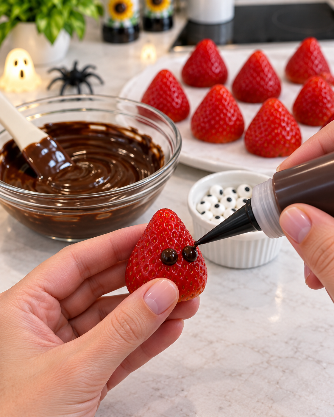Melted chocolate being piped onto a strawberry before adding edible candy eyes