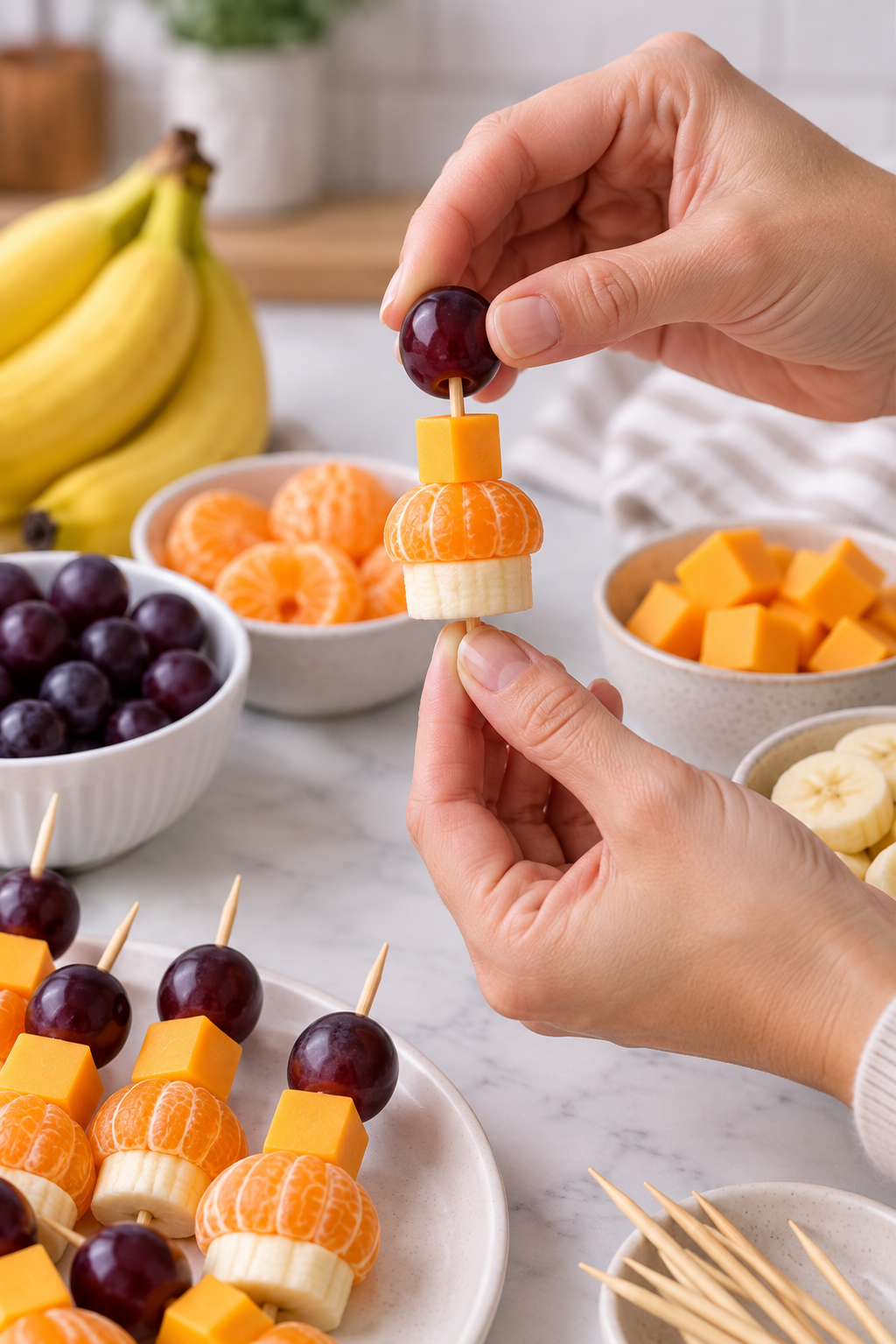 Building a fruit and cheese witch character on a skewer