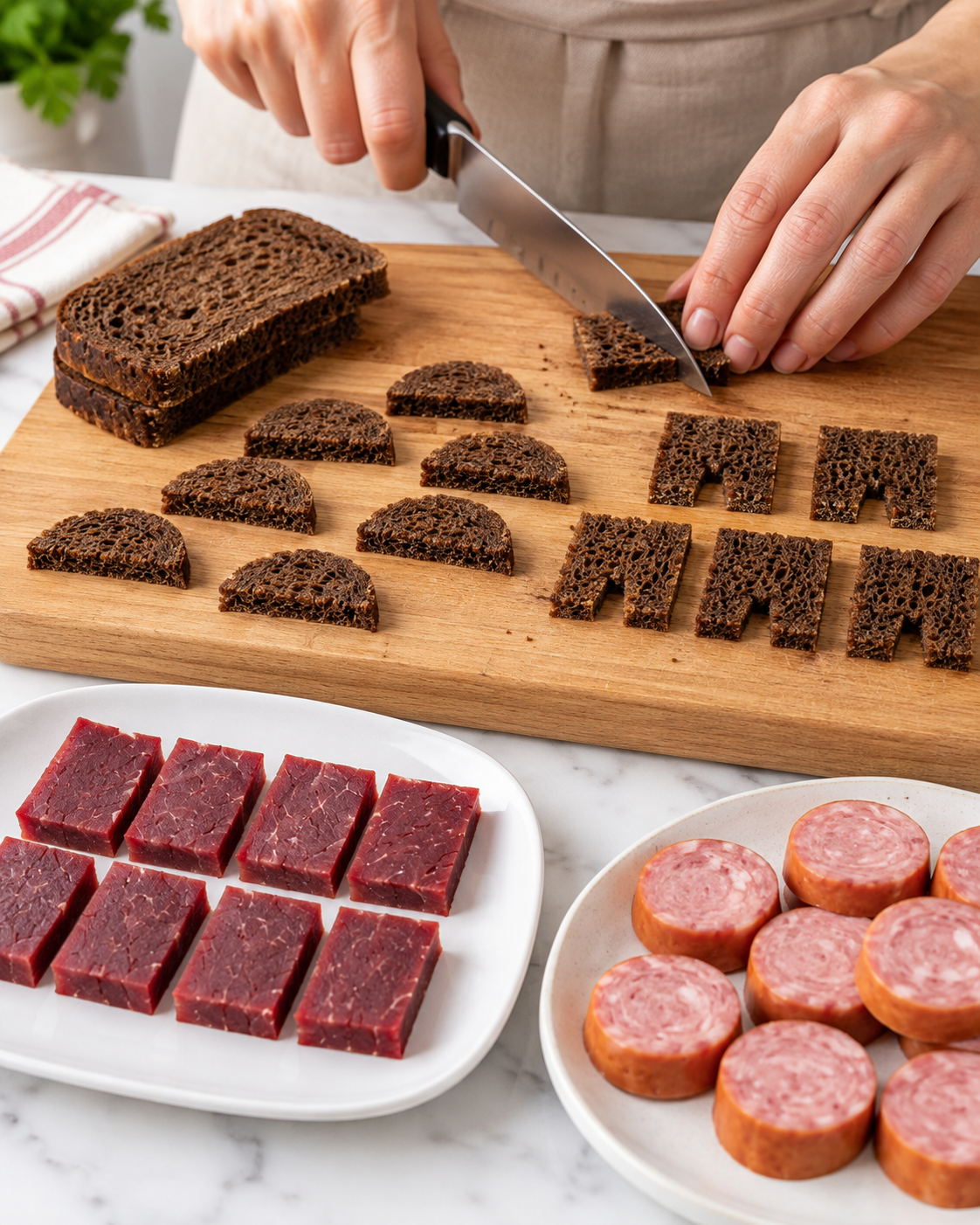 Cutting dark bread pants and hats with halal meat and sausage pieces