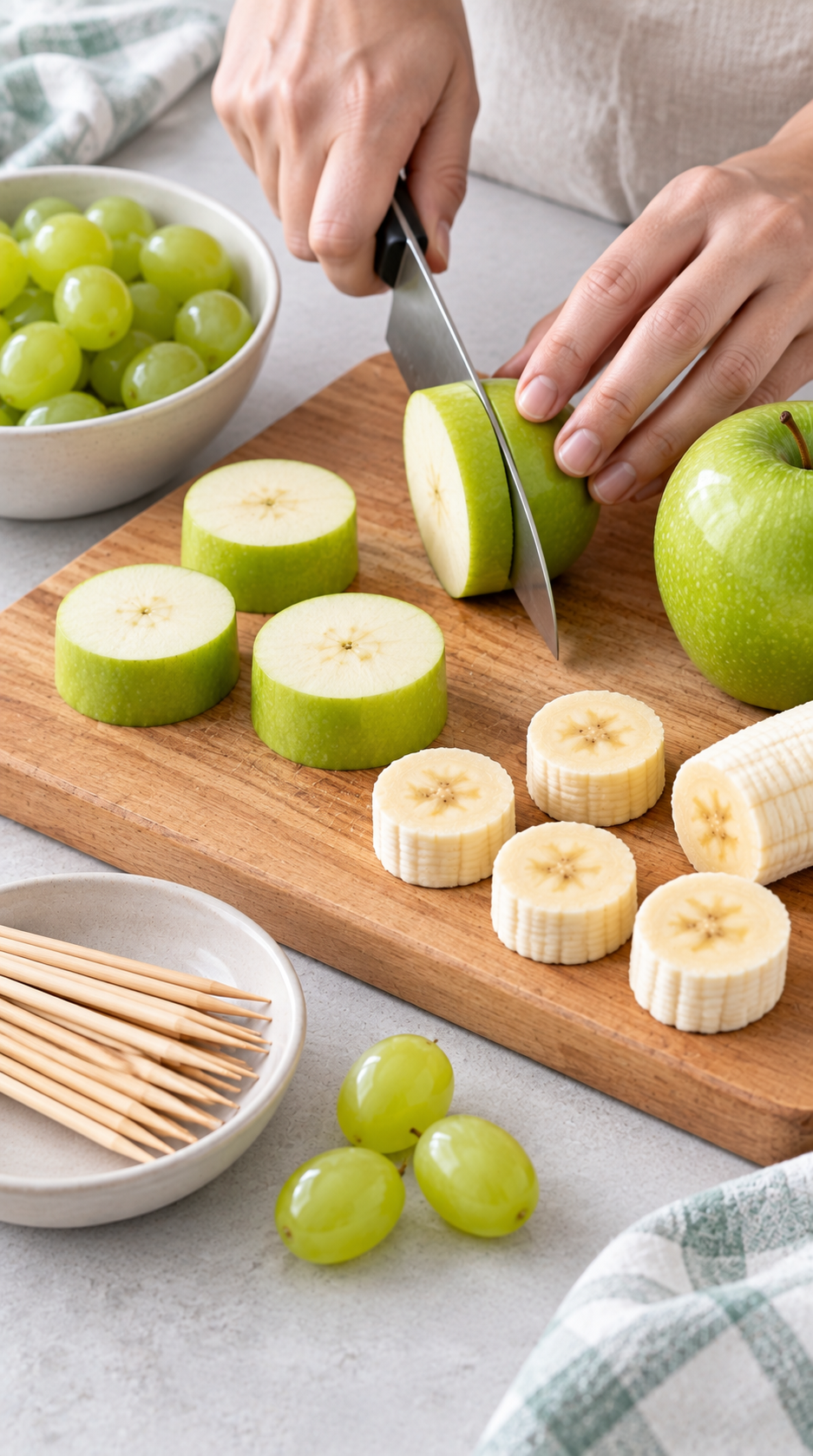 Banana bases and green apple bodies prepared for Frankenstein fruit snacks