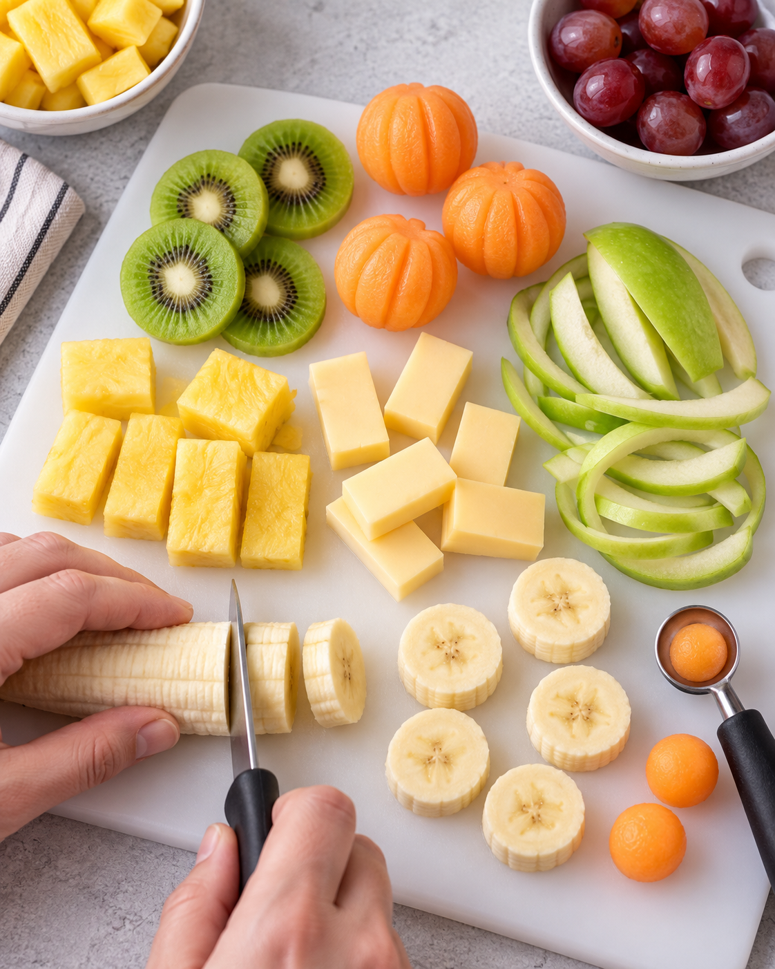 Cutting banana, kiwi, apple, cantaloupe, pineapple and cheese for fruit characters