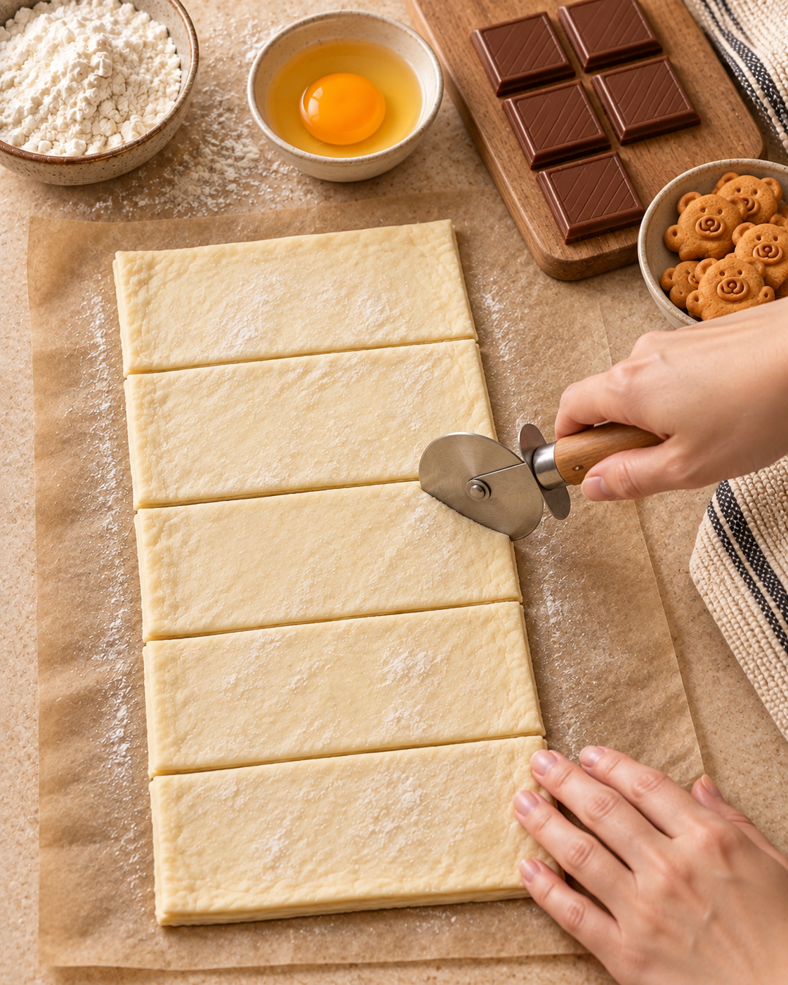 Cutting a cold puff pastry sheet into five equal rectangles for teddy chocolate pastries