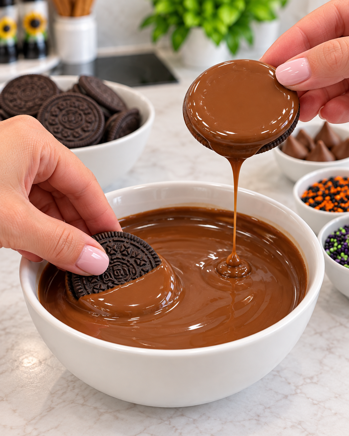 Dipping chocolate sandwich cookies into melted milk chocolate