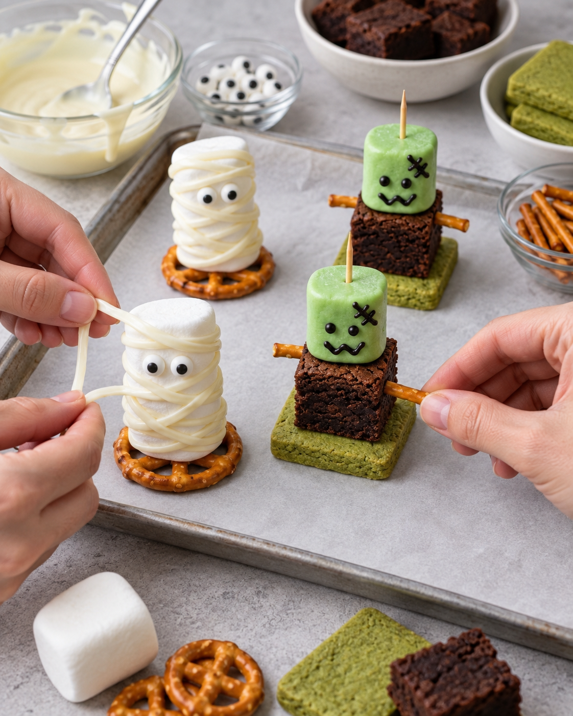 Preparing marshmallow mummies and brownie Frankenstein Halloween treats