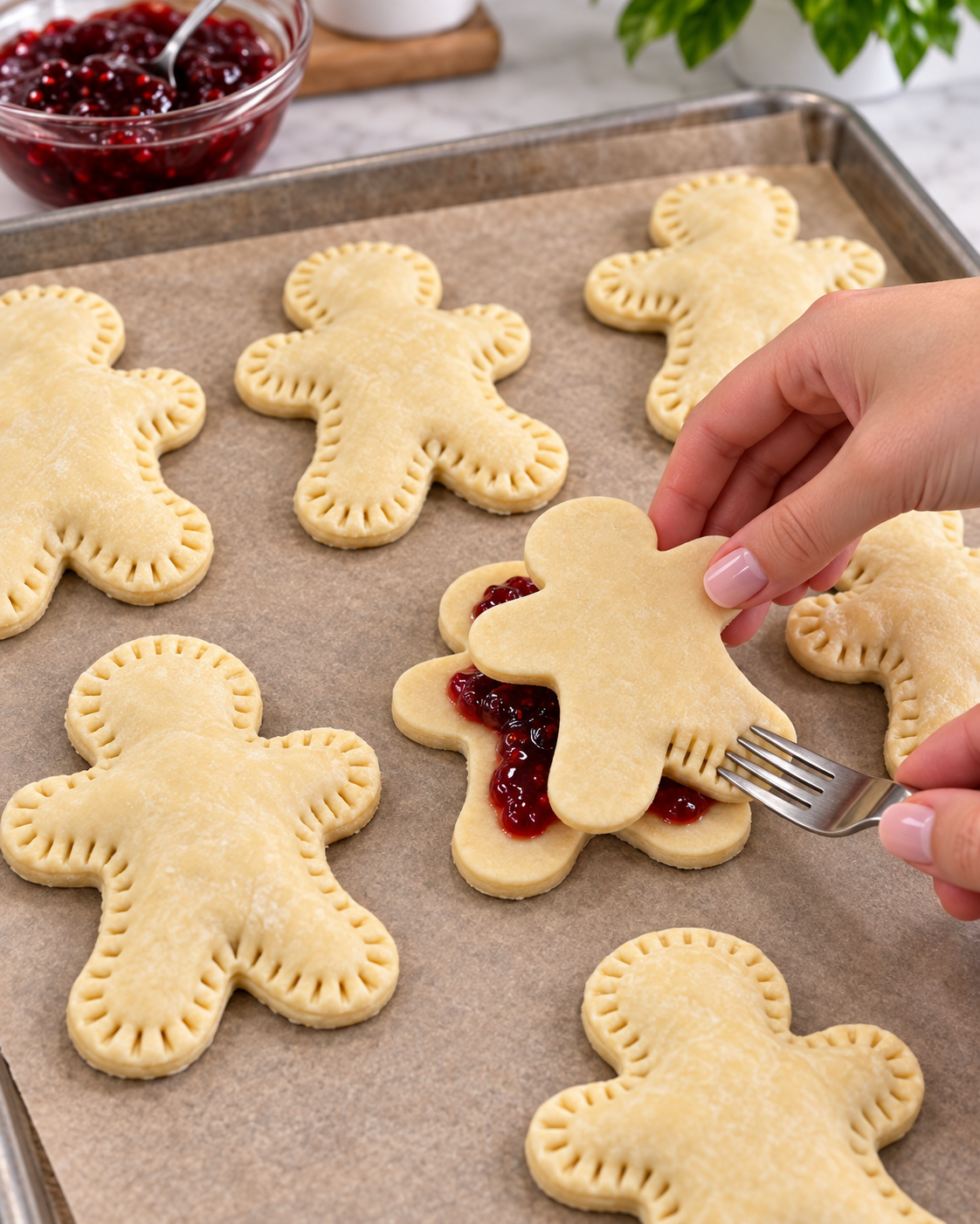 Covering and fork sealing the berry-filled pastry dolls