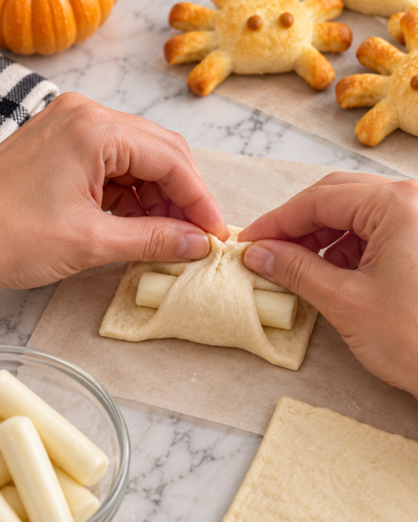Wrapping pizza dough around mozzarella and pinching the seam closed