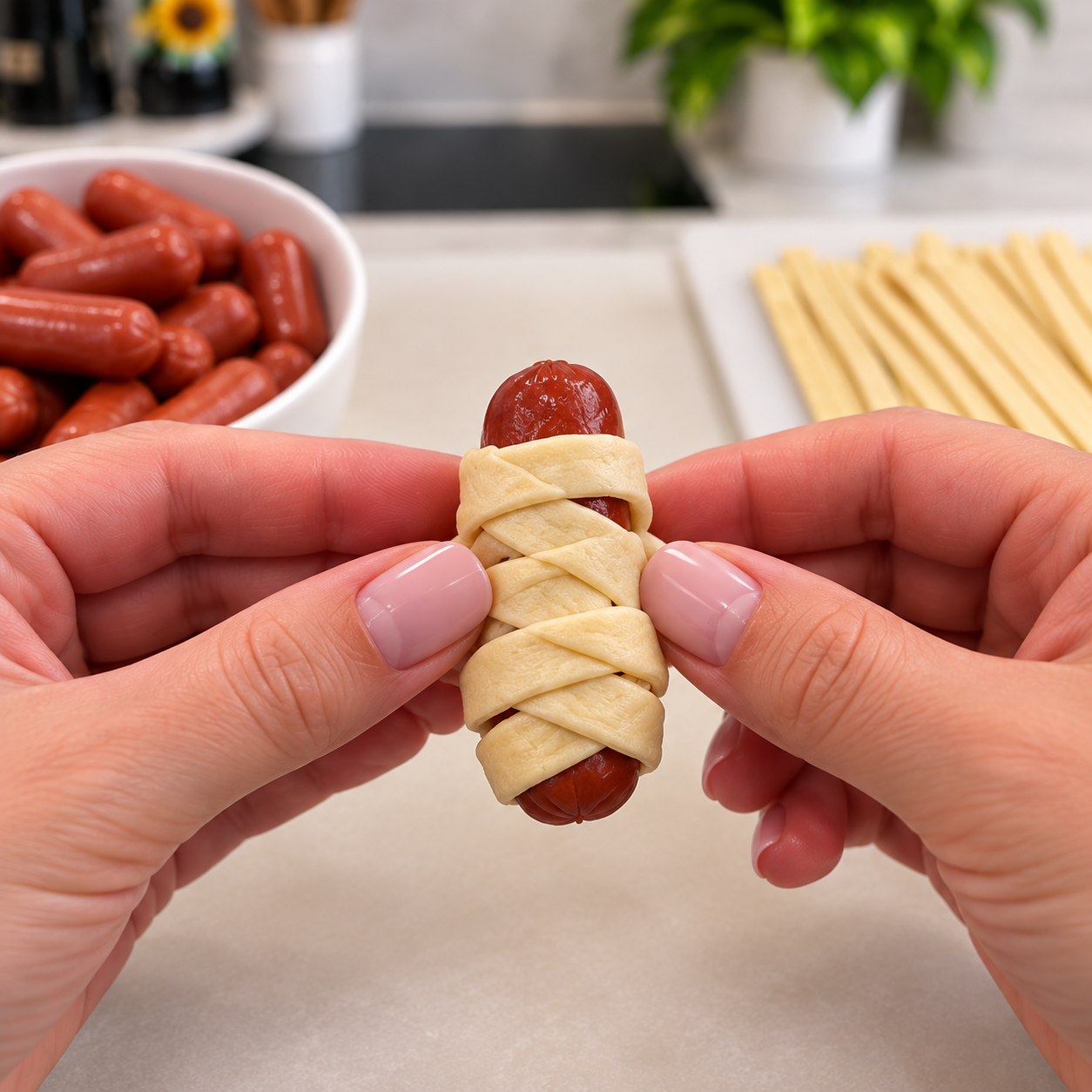 Wrapping a mini turkey sausage with crescent dough strips like mummy bandages